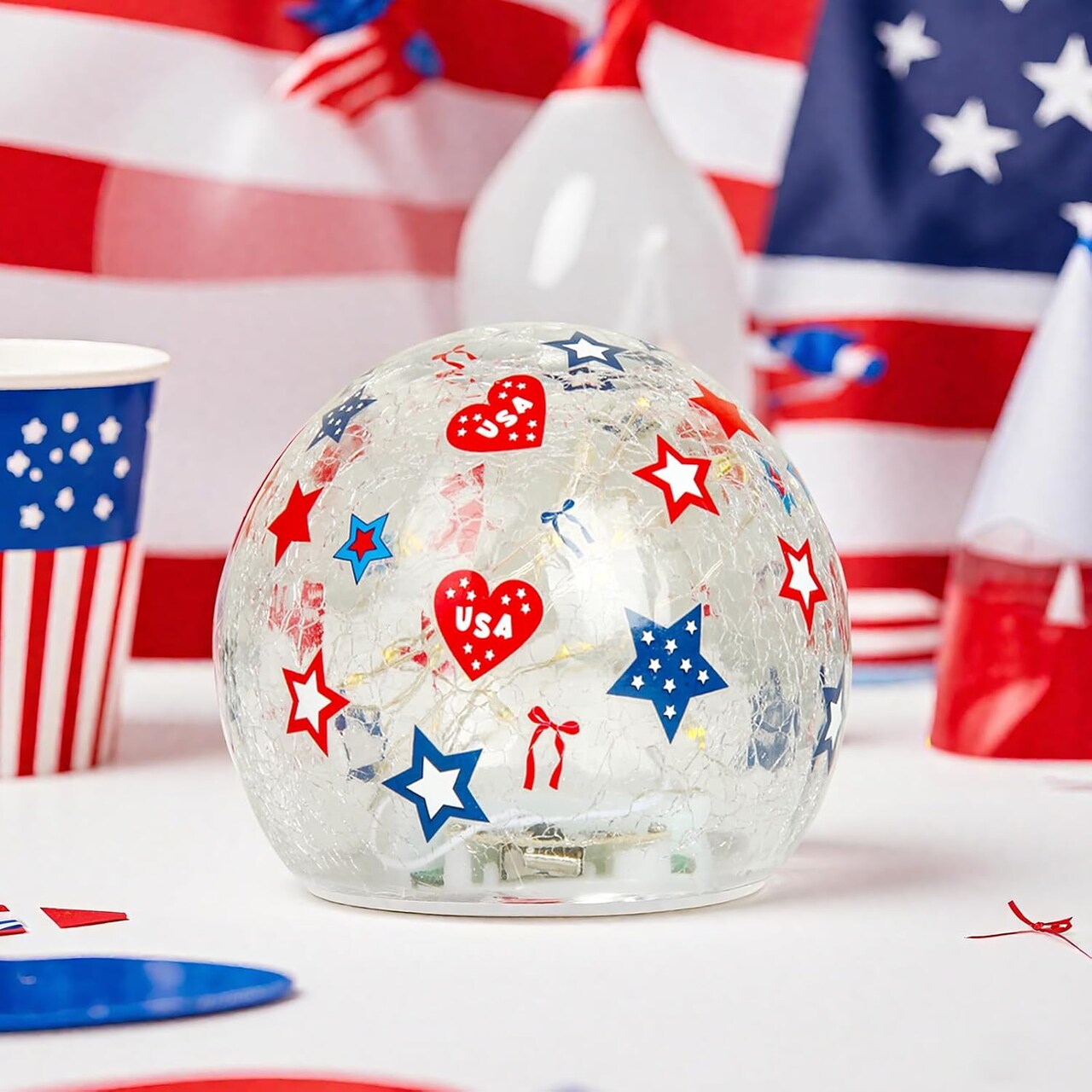 4th of July Decorations - 4 inchs Patriotic Star Globe Night Light with Timer, Independence Day Star Crackle Glass Balls